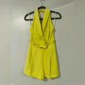 161. Sunny Yellow Flowy Classy Romper Open Back High Collar Size Small